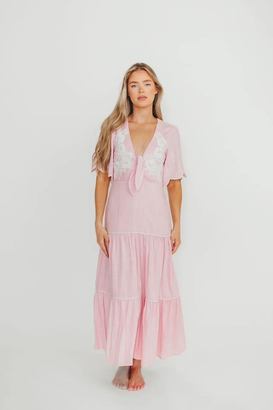 Online Worth Collective Lena Embroidered Tiered Midi Dress in Soft Pink