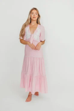 Online Worth Collective Lena Embroidered Tiered Midi Dress in Soft Pink