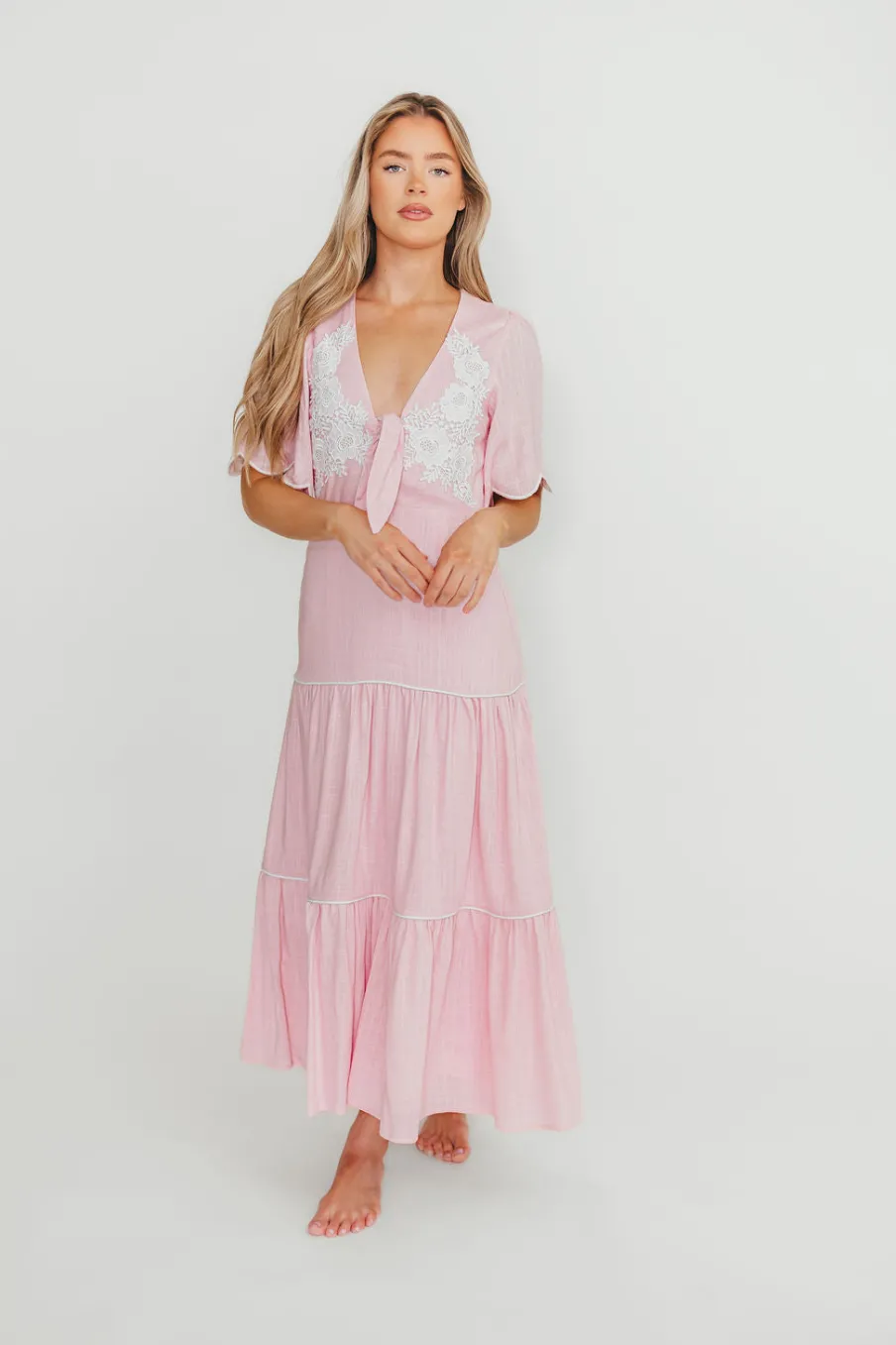 Online Worth Collective Lena Embroidered Tiered Midi Dress in Soft Pink
