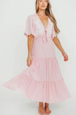Online Worth Collective Lena Embroidered Tiered Midi Dress in Soft Pink