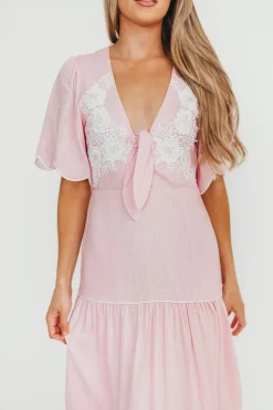 Online Worth Collective Lena Embroidered Tiered Midi Dress in Soft Pink