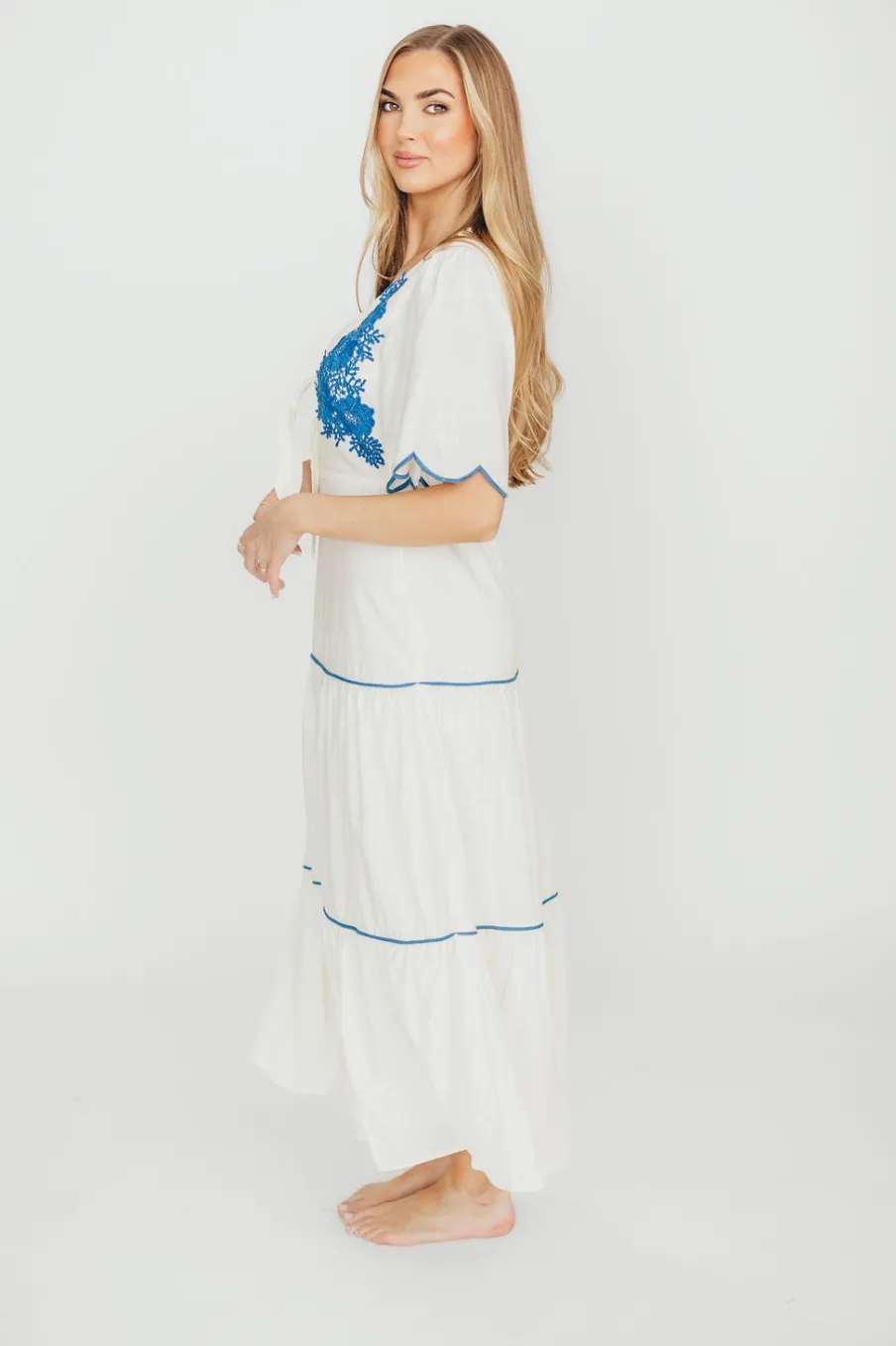 Hot Worth Collective Lena Embroidered Tiered Midi Dress in Off-White/Blue