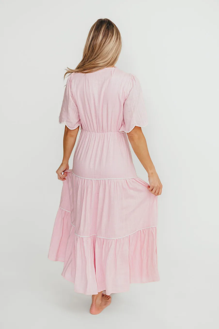 Online Worth Collective Lena Embroidered Tiered Midi Dress in Soft Pink