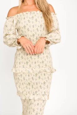 Clearance Worth Collective Lila Floral Printed Smocked Midi Dress in Blue - Bump Friendly