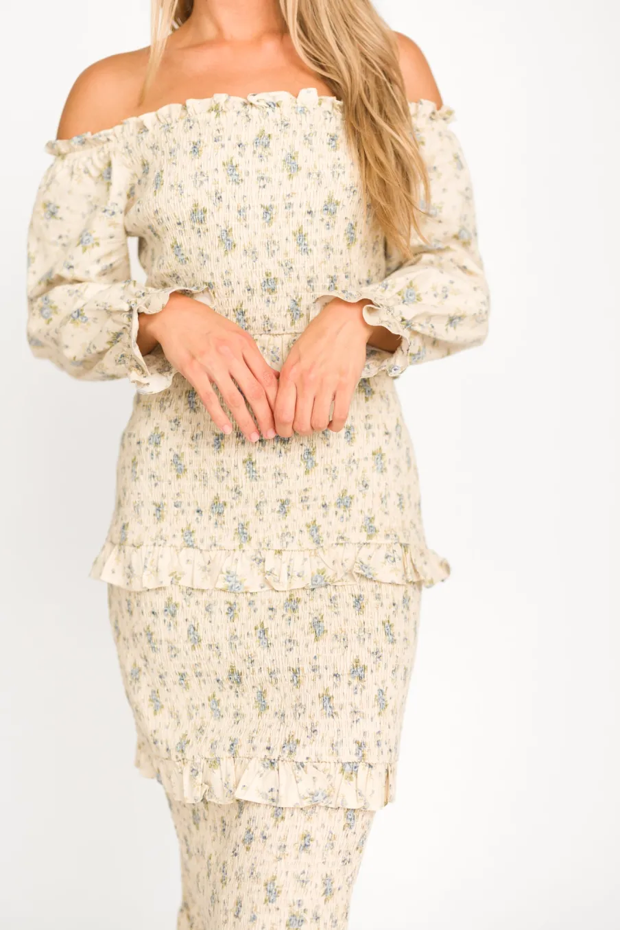 Clearance Worth Collective Lila Floral Printed Smocked Midi Dress in Blue - Bump Friendly