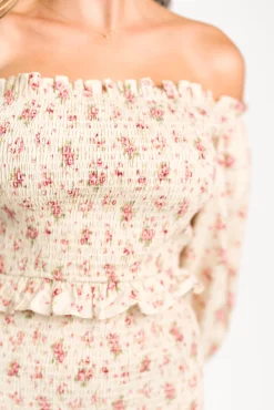 Fashion Worth Collective Lila Floral Printed Smocked Midi Dress in Pink - Bump Friendly