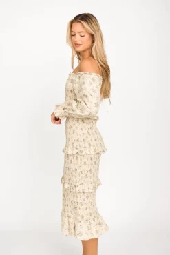 Clearance Worth Collective Lila Floral Printed Smocked Midi Dress in Blue - Bump Friendly