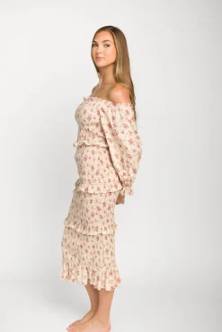 Fashion Worth Collective Lila Floral Printed Smocked Midi Dress in Pink - Bump Friendly