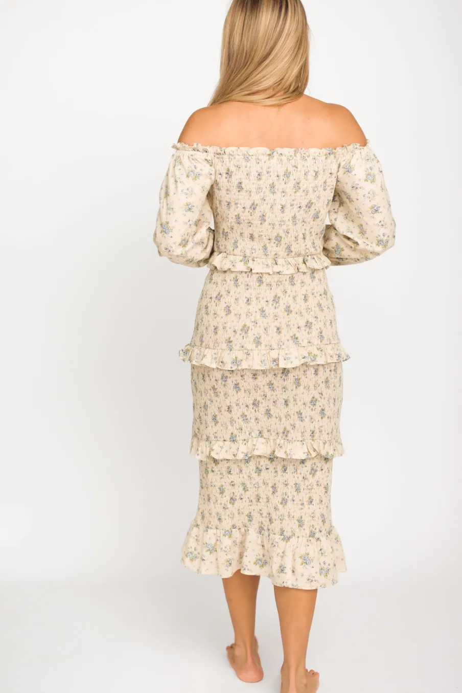 Clearance Worth Collective Lila Floral Printed Smocked Midi Dress in Blue - Bump Friendly