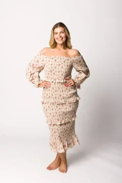 Fashion Worth Collective Lila Floral Printed Smocked Midi Dress in Pink - Bump Friendly