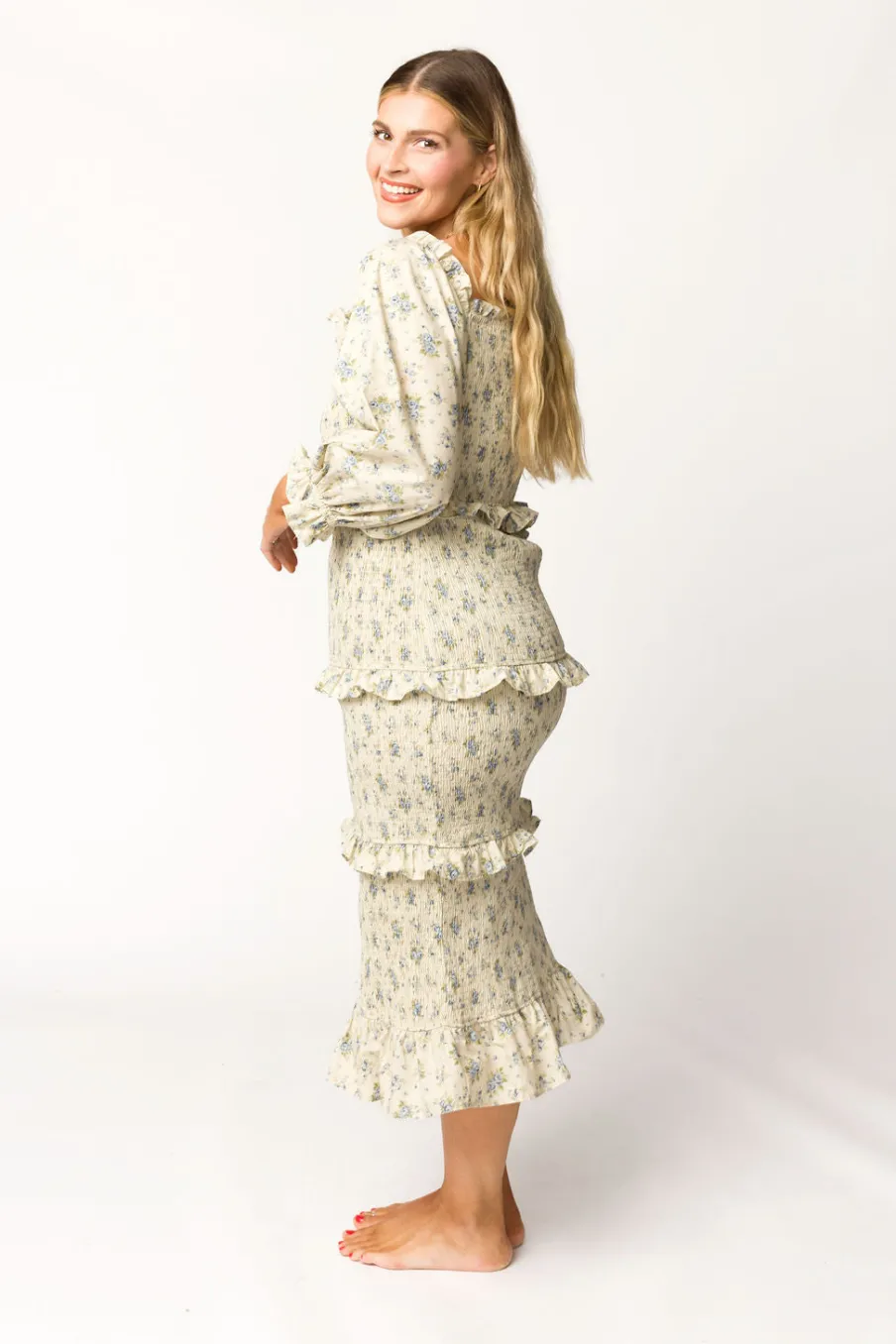 Clearance Worth Collective Lila Floral Printed Smocked Midi Dress in Blue - Bump Friendly