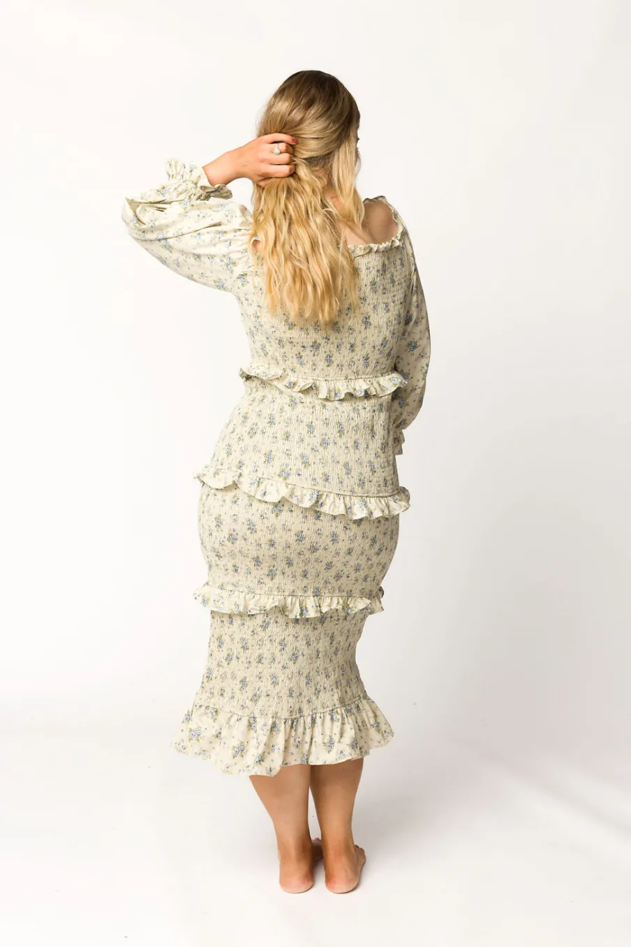 Clearance Worth Collective Lila Floral Printed Smocked Midi Dress in Blue - Bump Friendly