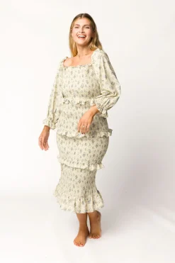 Clearance Worth Collective Lila Floral Printed Smocked Midi Dress in Blue - Bump Friendly