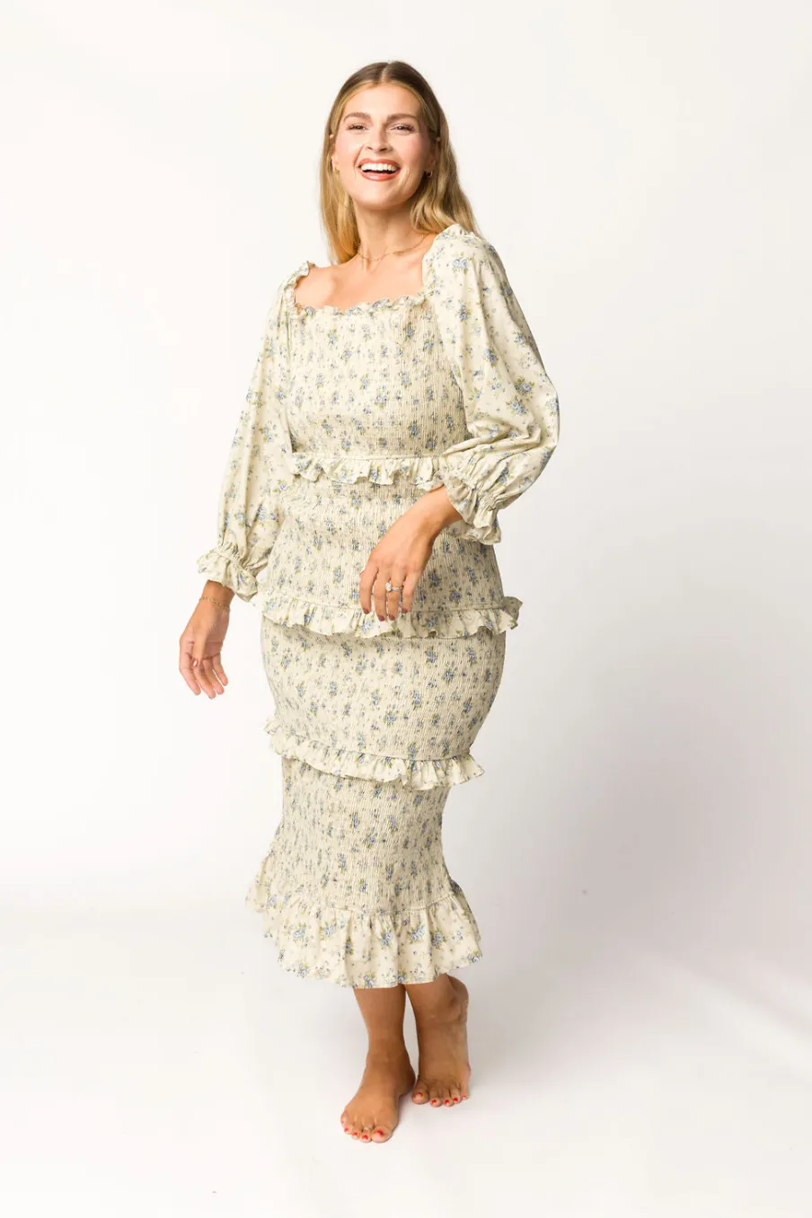 Clearance Worth Collective Lila Floral Printed Smocked Midi Dress in Blue - Bump Friendly
