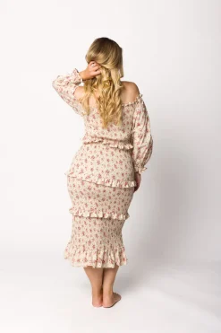 Fashion Worth Collective Lila Floral Printed Smocked Midi Dress in Pink - Bump Friendly