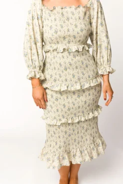 Clearance Worth Collective Lila Floral Printed Smocked Midi Dress in Blue - Bump Friendly