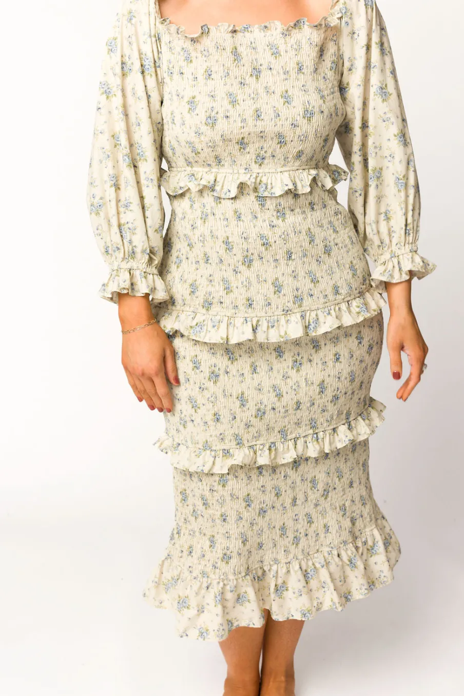 Clearance Worth Collective Lila Floral Printed Smocked Midi Dress in Blue - Bump Friendly