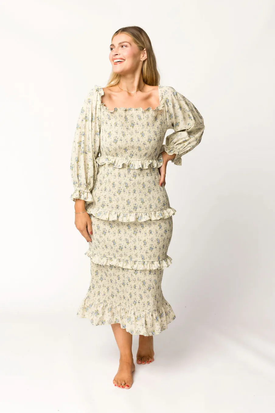 Clearance Worth Collective Lila Floral Printed Smocked Midi Dress in Blue - Bump Friendly