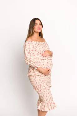 Fashion Worth Collective Lila Floral Printed Smocked Midi Dress in Pink - Bump Friendly