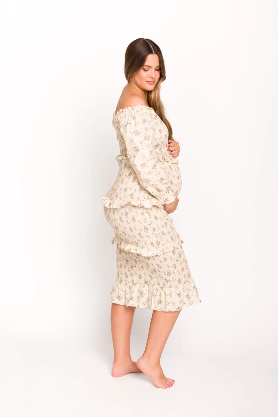 Clearance Worth Collective Lila Floral Printed Smocked Midi Dress in Blue - Bump Friendly