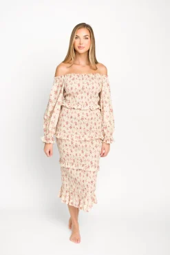 Fashion Worth Collective Lila Floral Printed Smocked Midi Dress in Pink - Bump Friendly