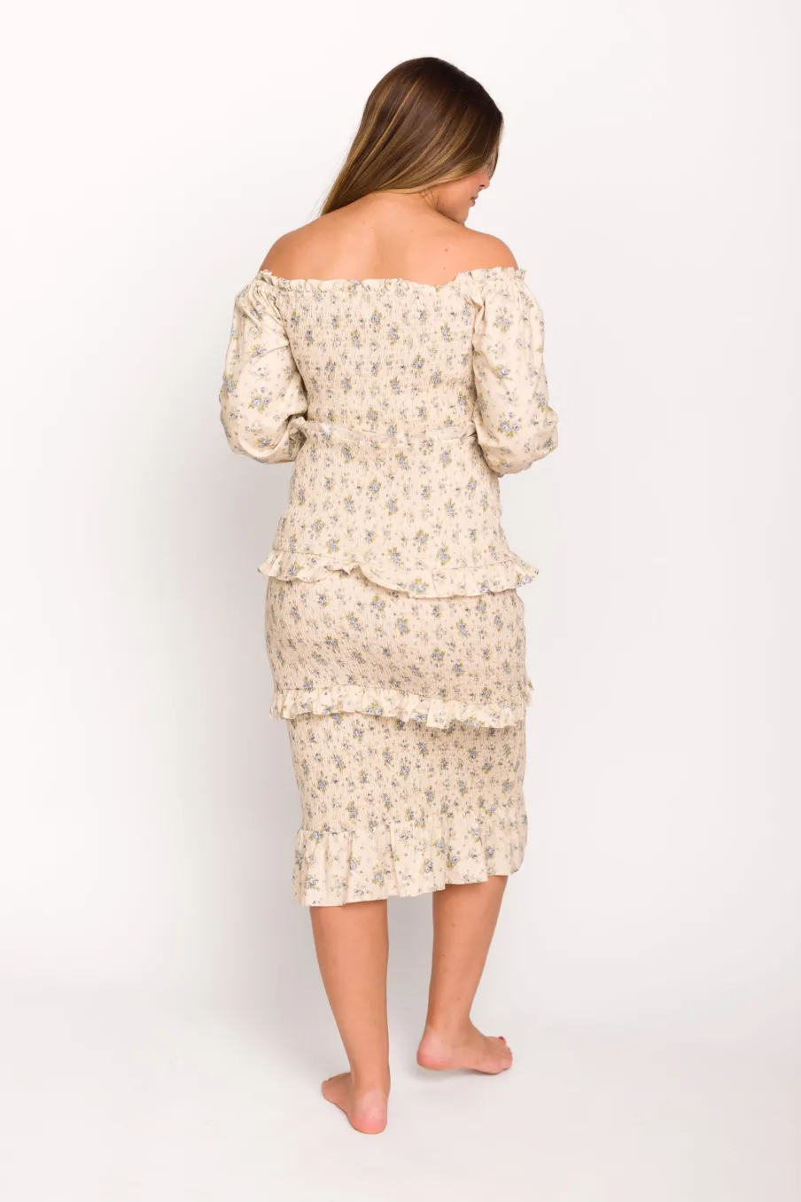 Clearance Worth Collective Lila Floral Printed Smocked Midi Dress in Blue - Bump Friendly