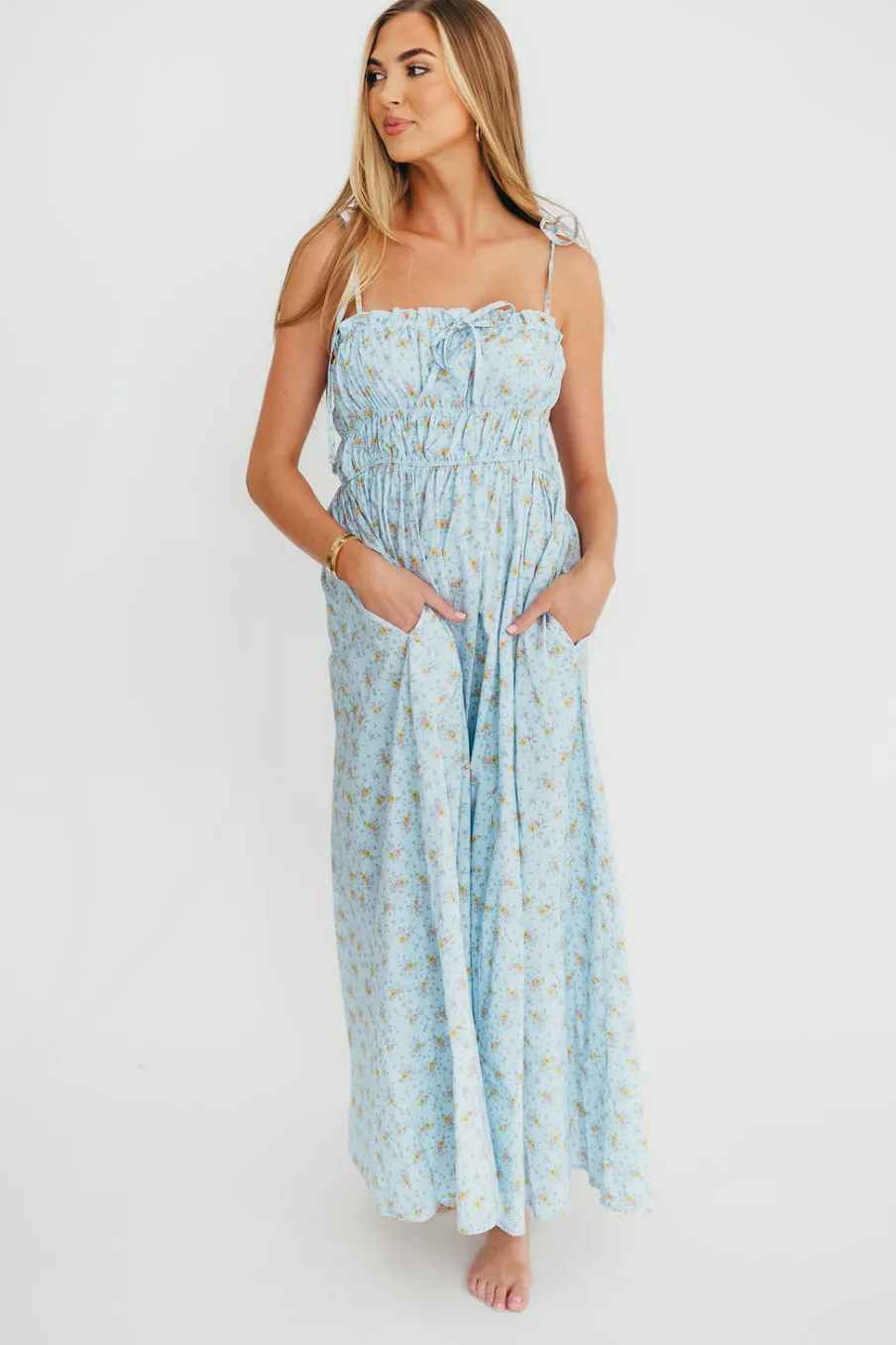 Hot Worth Collective Lila Ruched Floral Maxi Dress in Powder Blue