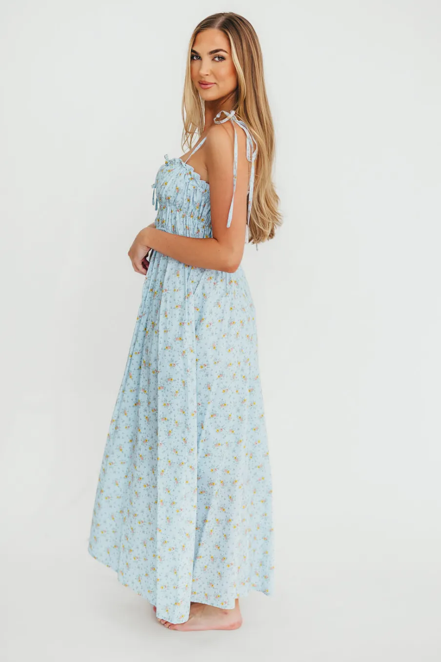Hot Worth Collective Lila Ruched Floral Maxi Dress in Powder Blue