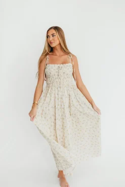 Fashion Worth Collective Lila Ruched Floral Maxi Dress in Vintage Cream