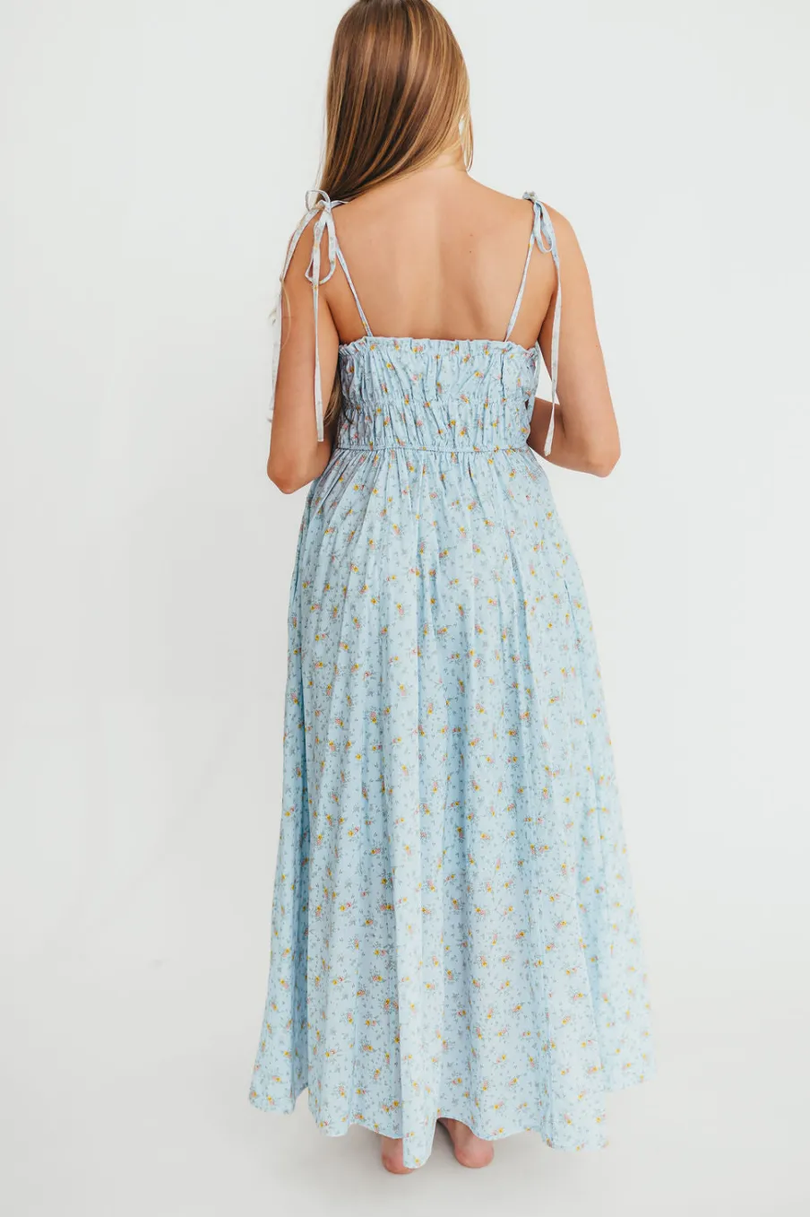 Hot Worth Collective Lila Ruched Floral Maxi Dress in Powder Blue
