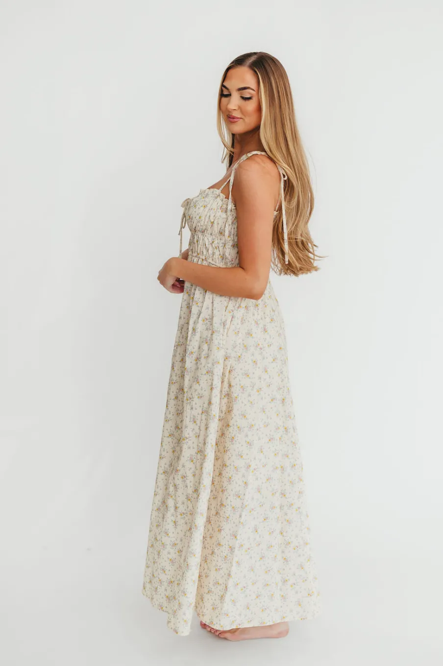 Fashion Worth Collective Lila Ruched Floral Maxi Dress in Vintage Cream