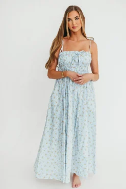 Hot Worth Collective Lila Ruched Floral Maxi Dress in Powder Blue