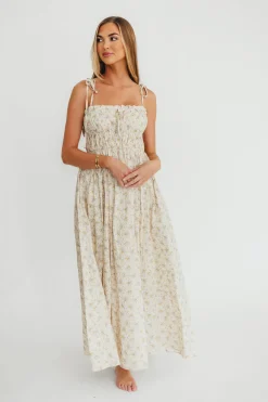 Fashion Worth Collective Lila Ruched Floral Maxi Dress in Vintage Cream