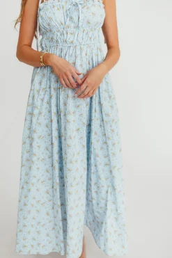 Hot Worth Collective Lila Ruched Floral Maxi Dress in Powder Blue