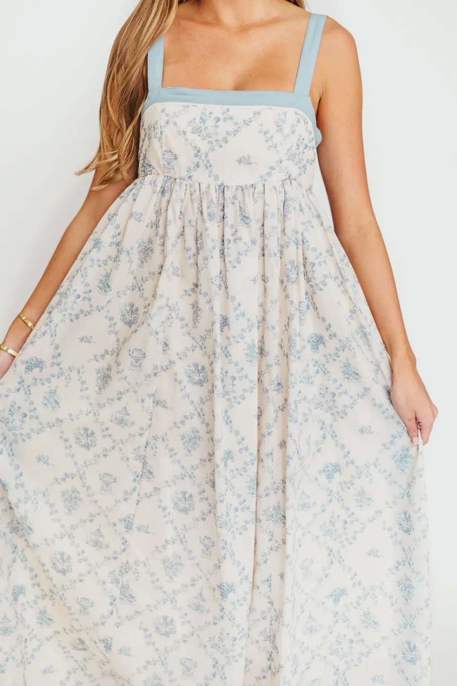 New Worth Collective Lillian Toile Maxi Dress in French Blue