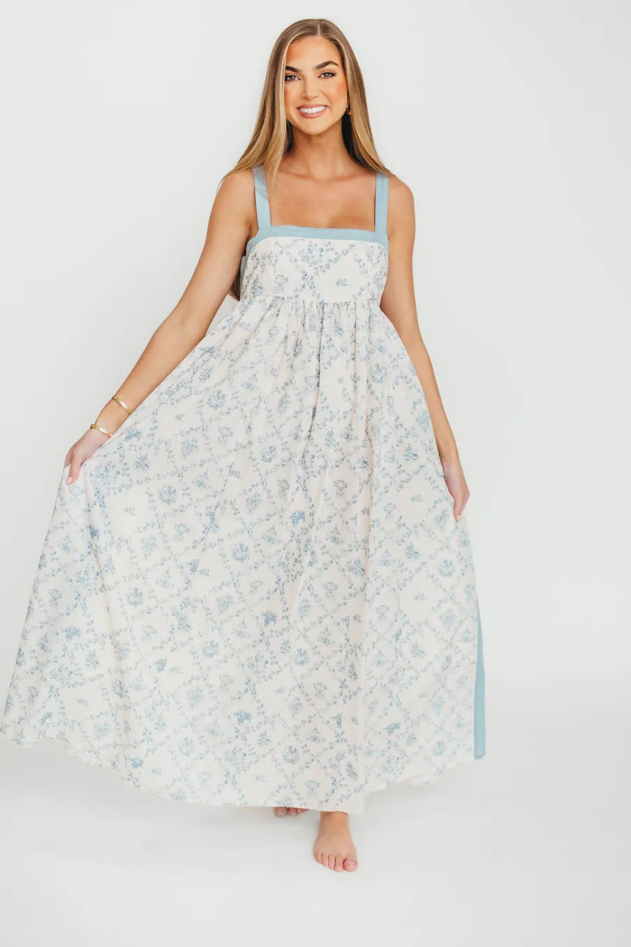 New Worth Collective Lillian Toile Maxi Dress in French Blue