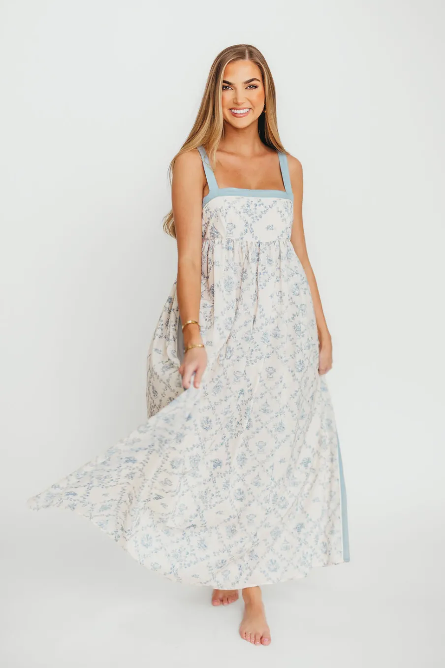 New Worth Collective Lillian Toile Maxi Dress in French Blue