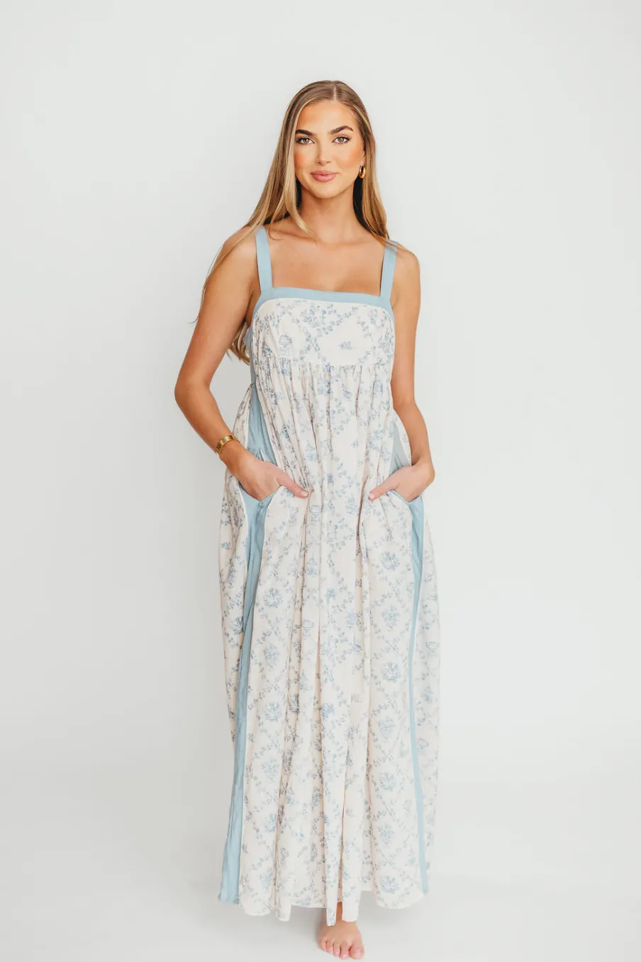 New Worth Collective Lillian Toile Maxi Dress in French Blue