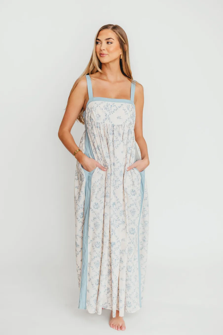 New Worth Collective Lillian Toile Maxi Dress in French Blue