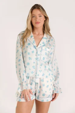 Outlet Worth Collective Lottie Satin Pajama Set in White/Blue Floral and Stripes