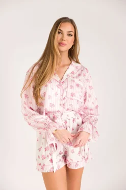 Hot Worth Collective Lottie Satin Pajama Set in White/Pink Floral and Stripes