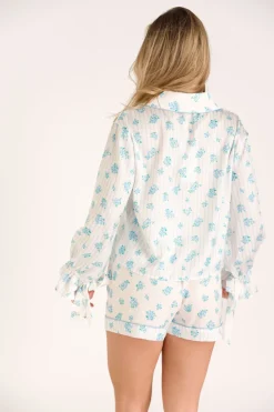 Outlet Worth Collective Lottie Satin Pajama Set in White/Blue Floral and Stripes