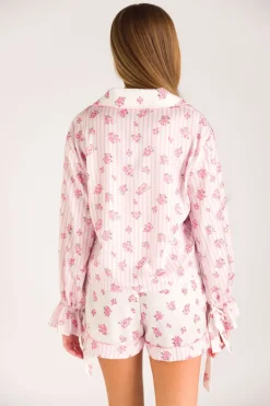 Hot Worth Collective Lottie Satin Pajama Set in White/Pink Floral and Stripes