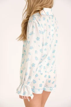Outlet Worth Collective Lottie Satin Pajama Set in White/Blue Floral and Stripes