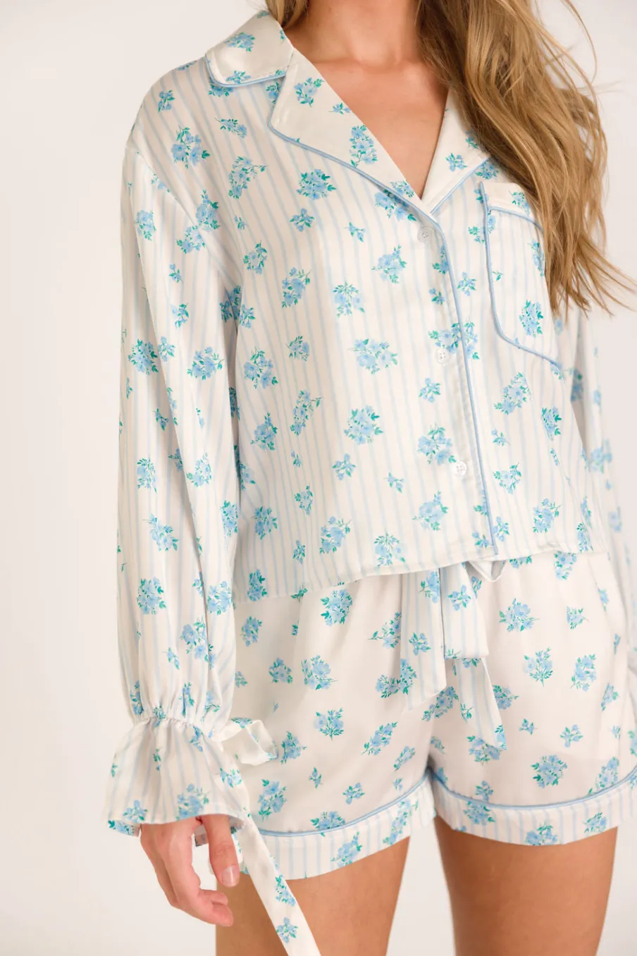 Outlet Worth Collective Lottie Satin Pajama Set in White/Blue Floral and Stripes