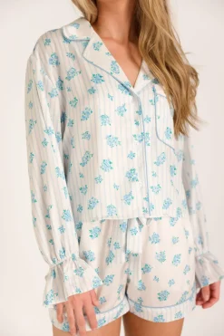 Outlet Worth Collective Lottie Satin Pajama Set in White/Blue Floral and Stripes