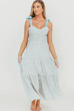 Clearance Worth Collective Lottie Tiered Maxi Dress in Blue Floral
