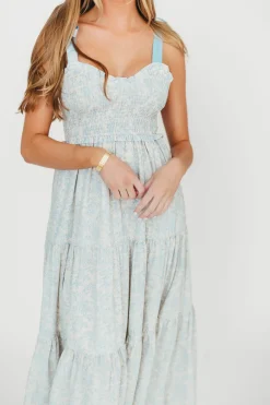 Clearance Worth Collective Lottie Tiered Maxi Dress in Blue Floral