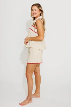 Hot Worth Collective Lucille Tie Sleeve Top and Shorts Set in Oatmeal/Red