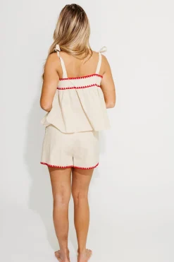 Hot Worth Collective Lucille Tie Sleeve Top and Shorts Set in Oatmeal/Red